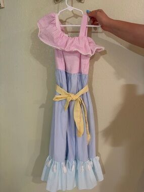 Rare Editions Pink and Blue One-Shoulder Ruffle Dress with Yellow Sash